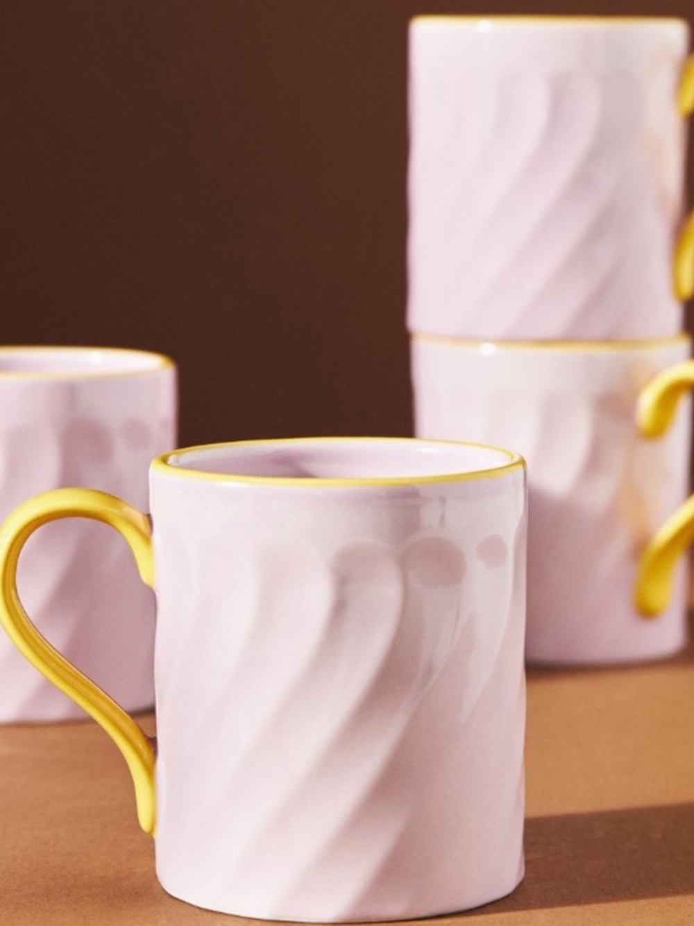 Anthropologie Set of 4 Elton Pink Ceramic Mugs with Yellow Handles